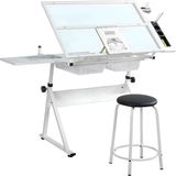 Bolt Edge Verstelbare glazen tekentafel – Tekentafel met verstelbare hellingshoek, krukje en accessoires – Tekentafel voor studio – Wit