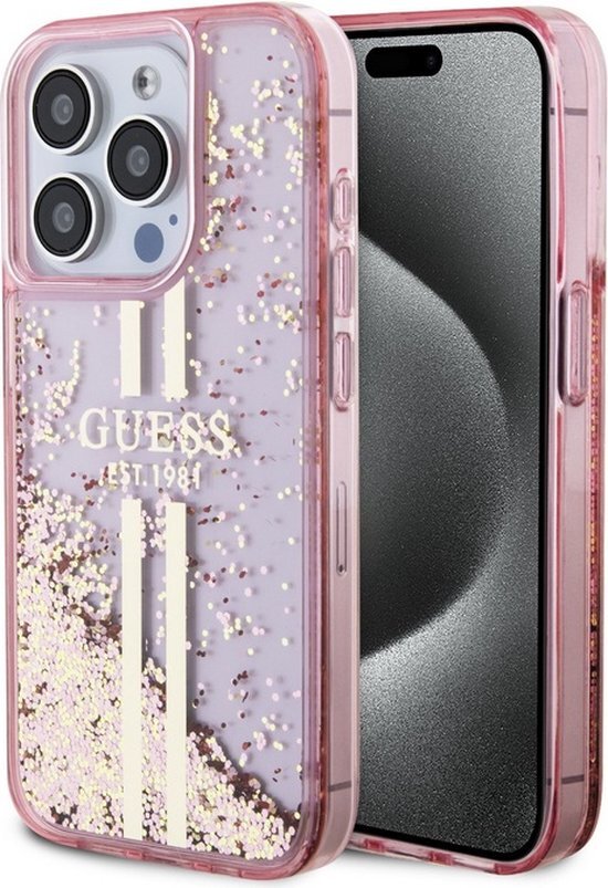 Guess Liquid Glitter Gold Stripe Back Case - Apple iPhone 15 Pro Max (6.7&quot;) - Roze