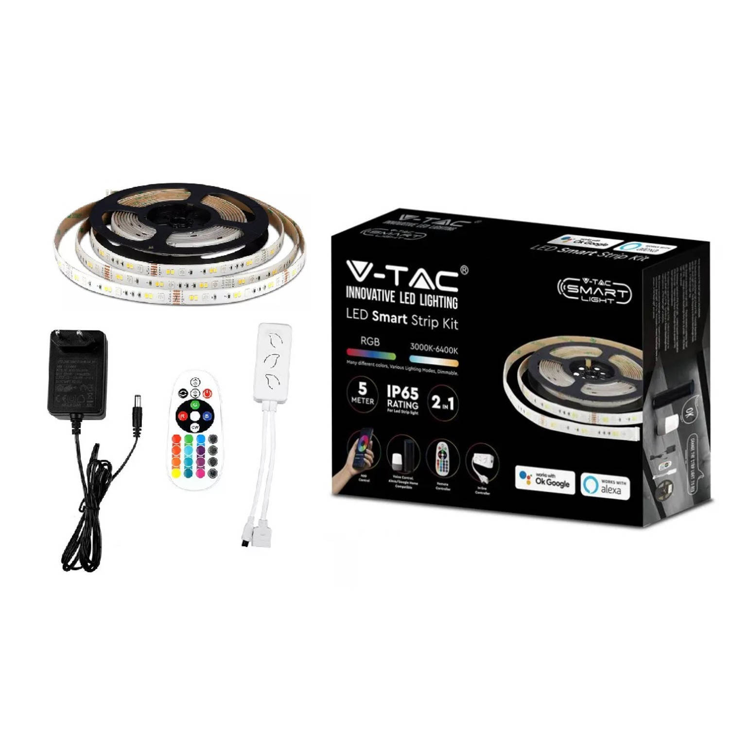 V-tac smart led strip - 5 meter - rgb en warm wit - inclusief