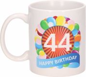 Bellatio Decorations Shoppartners Bv 44 jaar Verjaardag koffiemok - cadeau beker - feestelijke ballonnen print - 300 ml - keramiek - wit