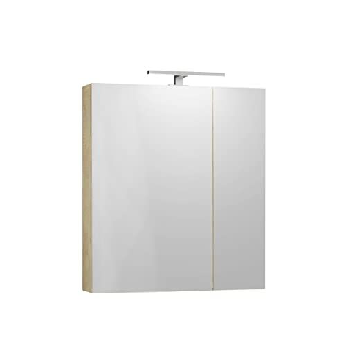 Baikal Wegkast met spiegel, multifunctionele badkamerkast, optie met of zonder LED-licht. Eenvoudige plaatsing aan de muur. Merino-kast met LED-wandlamp 70 cm natuur