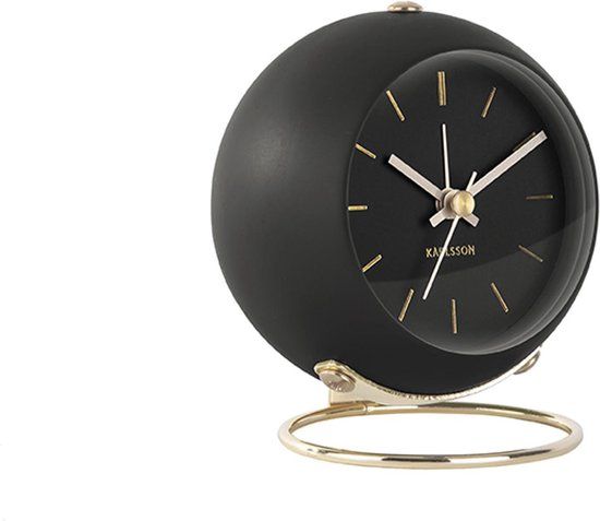 Karlsson Globe Wekker - Zwart - Metaal - Stil Uurwerk