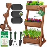 KESSER® Verticale Tuin met 3 Plantenbakken - Kweekbak inclusief Tuinvlies voor Terras Balkon & Tuin verticale Plantenbak met 3 vakken - Bruin