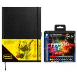 Idena 90303 - Schetsboek DIN A4 met 160 witte pagina's en 12 STAEDTLER Pigment Brush Pen viltstiften met penseelpunt voor variabele lijnbreedte