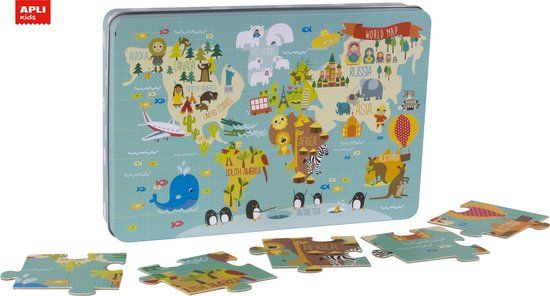 Apli Kids Wereldkaart Puzzel - 24 Stukjes - 48 x 32 cm - Jongens & Meisjes