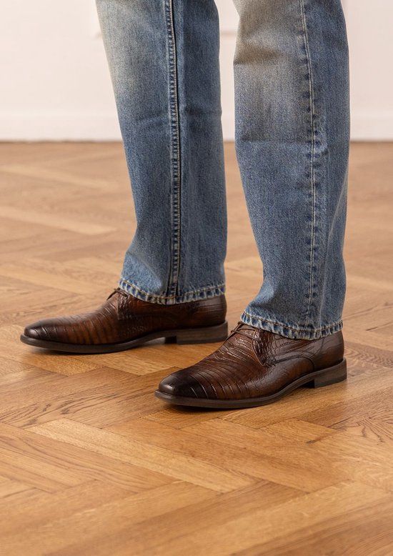Manfield Heren Bruine Leren Croco Veterschoenen Maat 43