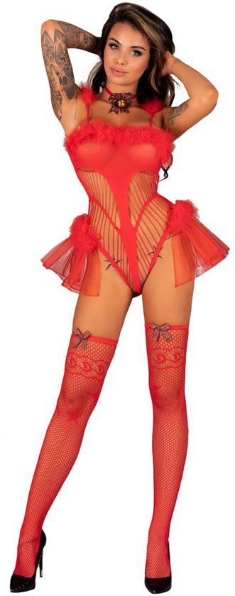 LivCo Corsetti Fashion Kerst sexy Setje Makema - Kerst Body Korset met Kousen S/L Rood/ Wit