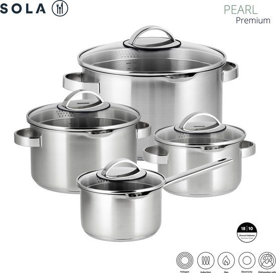Sola Pearl Premium 4-delige Pannenset - RVS - Geschikt voor Alle Warmtebronnen - Zilver
