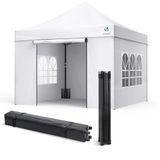 VOUNOT® Opvouwbaar tuinpaviljoen, 3 x 3 m, versterkt, met 4 wanden, raam, tent van polyester, waterdicht, voor festival, tuin, camping, draagtas en zandzakken inbegrepen, wit