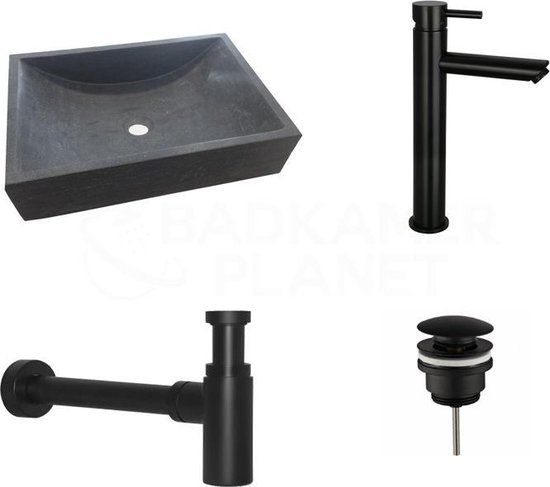 Sani Royal Natuurstenen Waskomset Box Mat Zwart Opbouwkraan 50x35x12 cm