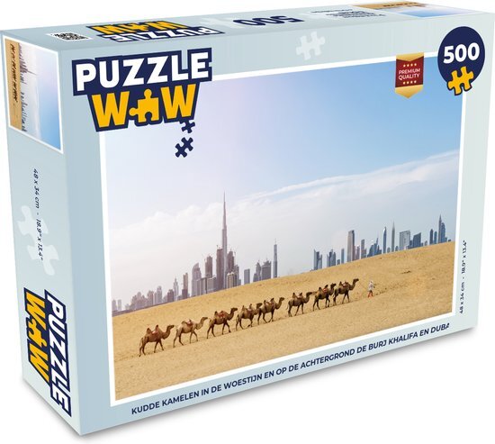 MuchoWow Puzzel Kudde kamelen in de woestijn en de Burj Khalifa en Dubai - Legpuzzel - Puzzel 500 stukjes