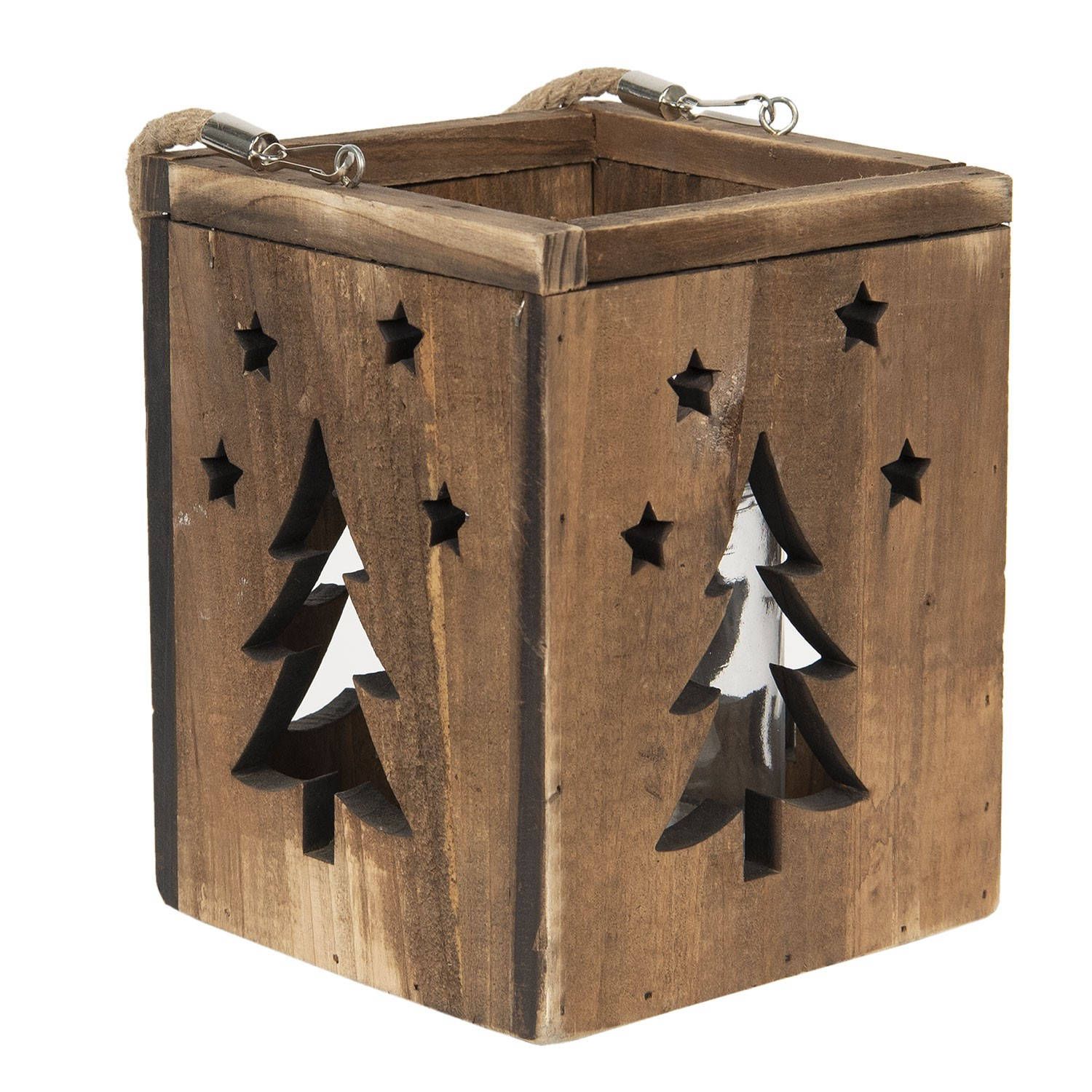 Clayre & Eef waxinelichthouder 15*15*19 cm bruin hout/ glas 6h1873