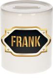 Bellatio Decorations Spaarpot met voornaam Frank - wit - met goud/zwart embleem - 8 x 9 cm - keramiek - met afsluitdop - cadeau verjaardag