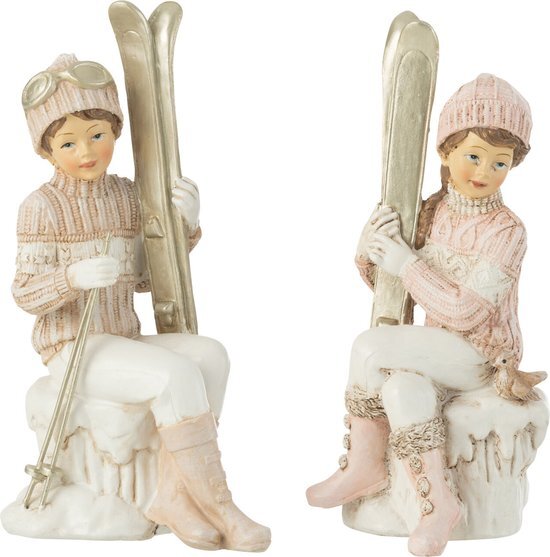 J-Line Kerstfiguren meisje &amp; jongen - ski zittend - polyresin - wit roze - 2 stuks - kerstversiering
