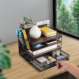 Unyqoos® Organisateur de bureau, 4 couches – Bois et métal vintage, avec 4 bacs à dossiers empilables, un tiroir coulissant, 2 pots à crayons, convient au format A4, idéal pour le bureau et la maison