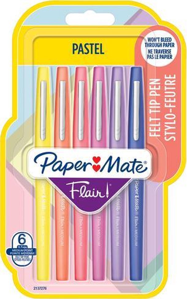 Paper Mate Flair-viltstiften | Medium punt (0,7 mm) | diverse pastelkleuren | 6 stuks