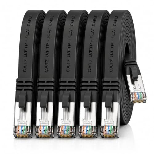 1aTTack.de 2m - zwart - 5 stuks CAT.7 Gigabit Ethernet LAN platte lintkabel (RJ45) netwerkkabel onbewerkte kabel (10 Gbit/s) installatiekabel plat slank compatibel met Cat.5 - Cat.5e - Cat.6