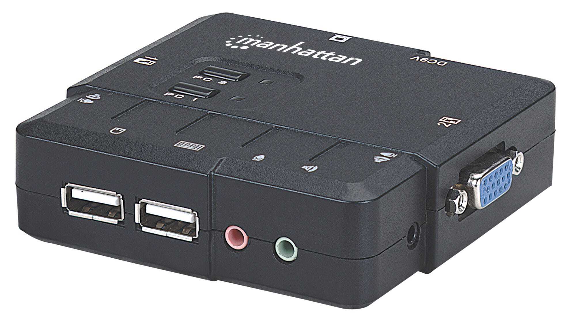 MANHATTAN 2-Port Compact KVM Switch, USB, with Cables and Audio Support
