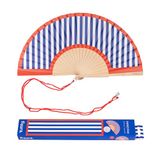 Fisura - Houten waaier met rode en blauwe gestreepte print. Modieus en kleurrijk accessoire, originele zakventilator met haak inbegrepen. Afmetingen: 42,5 x 23 cm