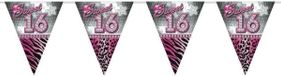 Folat Sweet 16 Sixteen vlaggenlijn slinger - 3x - plastic - 10 meter - versiering - roze/zilver - feestartikelen