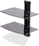 StarTech.com Dubbele Hangende Wandplanken voor Audio/Video Apparatuur, In Hoogte Verstelbare Schappen voor Onder TV, Hangend Wandmeubel, Organiseer uw A/V apparatuur op deze zwarte glazen schappen