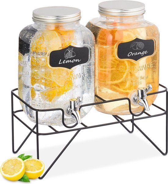 Merkloos Relaxdays Drankdispenser met houder - Glas - Set van 2 - 400 cl