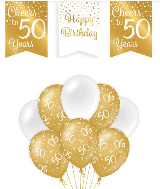 Merkloos 50 Jaar Verjaardag Decoratie - Vlaggenlijn & Ballonnen - Goud & Wit