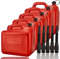 discountershop Jerrycan 20 Liter Rood – Set van 5 – UN-Gekeurde Brandstof Jerrycans voor Benzine en Diesel – Kunststof Benzinetank met Lange Schenktuit, Trechter en Vulslang – Lekvrije Jerrycan 100 L Totaal – Voor Auto, Boot, Camper en Grasmaaier