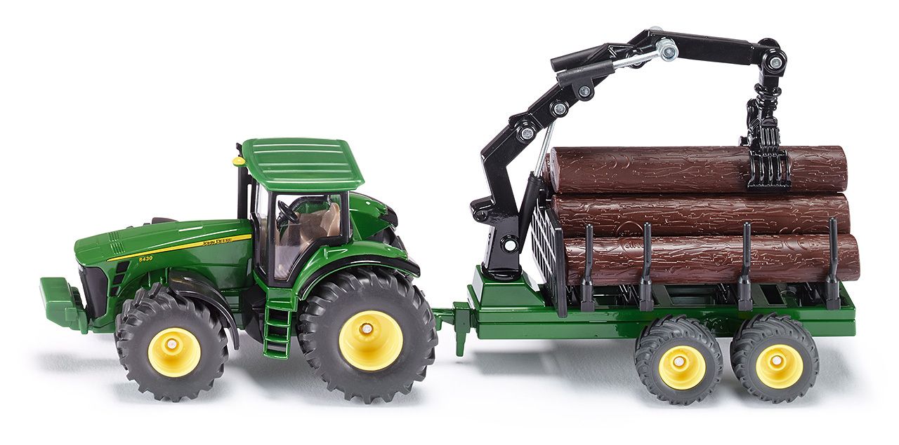 SIKU 1954 John Deere Tractor met bosaanhanger, schaal 1:50, metaal/kunststof, functionele kraan en grijper, incl. 6 kunststof boomstammen,