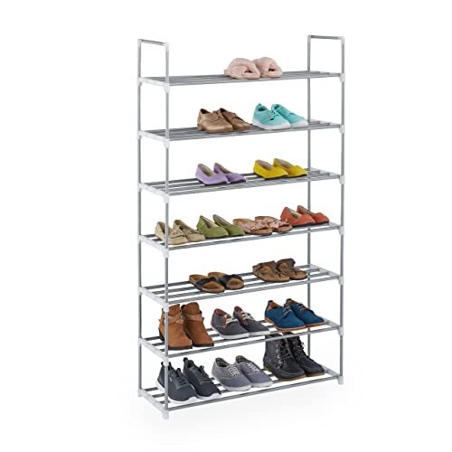 Relaxdays Schoenenrek insteeksysteem, 7 niveaus, 28 paar schoenen, HxBxD: 160,5 x 90 x 31 cm, schoenenrek metaal, zilver/wit