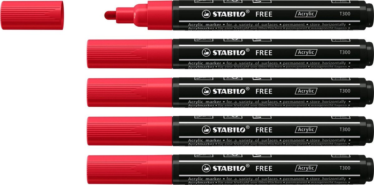 Stabilo FREE - Acryl Marker - T300 - Ronde Punt - 2-3 mm - Karmijn Rood - Doos 5 stuks