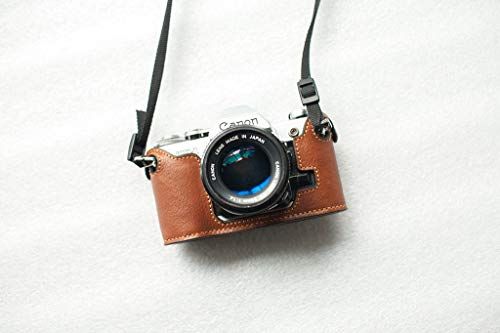 Funper Handgemaakte echt lederen halve cameratas voor Canon AE-1P (handvat) - Geel Bruin