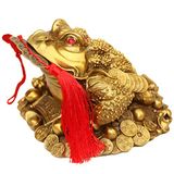 Amperer Messing Feng Shui geldkikker drie poten rijkdom traditionele kikker geld pad standbeeld met set van 5 geluksbrenger oude munten op rode string thuis auto fengshui decor (B1 geldkikker)