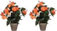 Mica Decorations Kunstplant Hibiscus - 2 stuks - orange - H40 x D30 cm