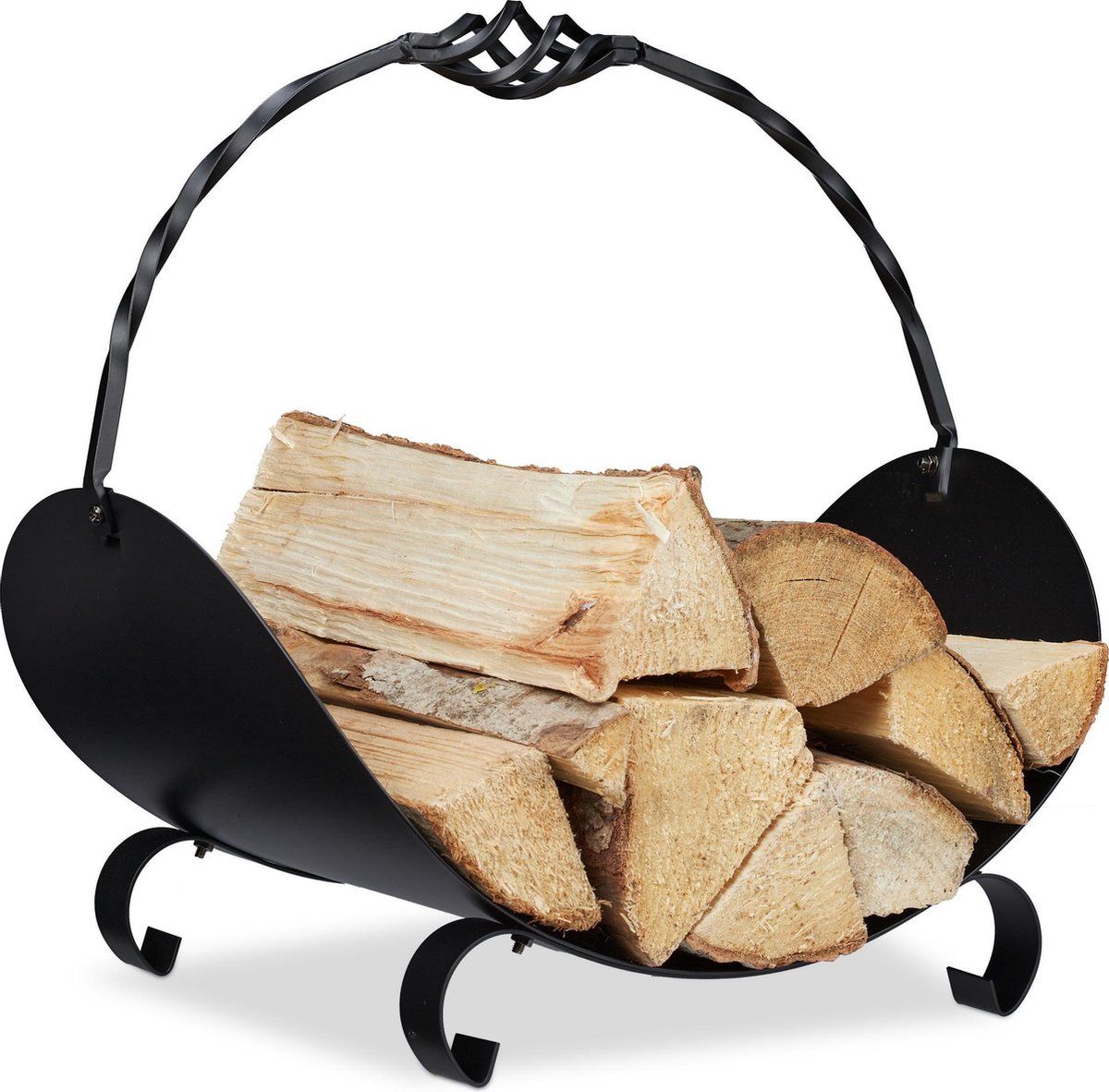 Relaxdays houtmand haardhout - houtopslag voor binnen - brandhout mand staal - zwart