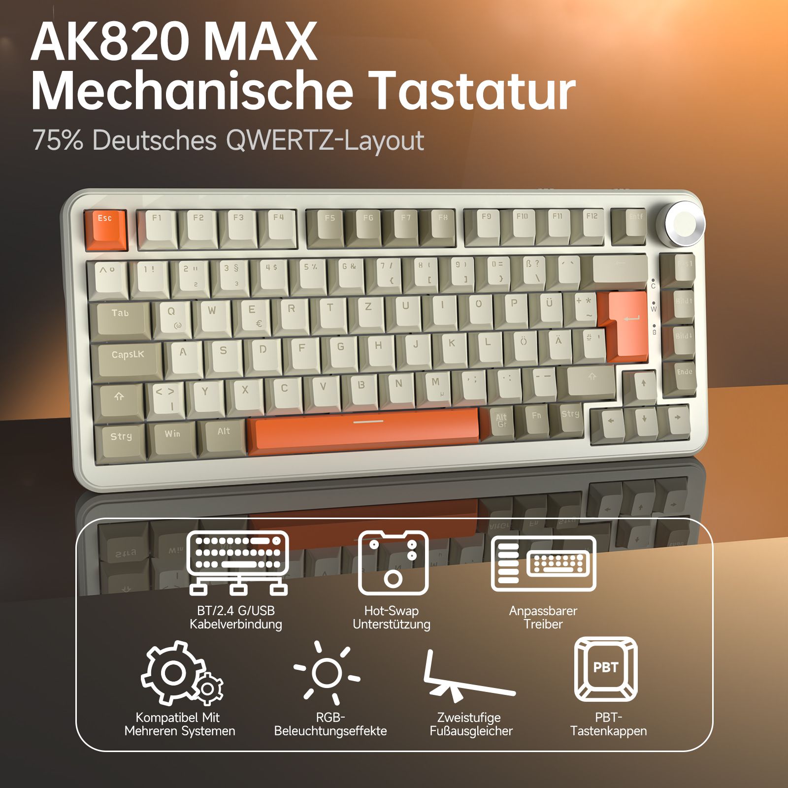 AJAZZ AK820 Mechanisch Gaming Toetsenbord, Duits QWERTZ ISO-DE, Hot-Swappable, Volumeknop