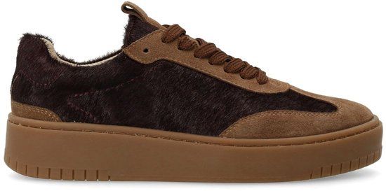 Sacha - Dames - Bruine suède sneakers met burgundy pony hair - Maat 38