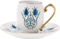 Karaca Iznik Turkse Koffieset voor 6 personen - 12 stuks - Porselein - Met Oor - Handbeschilderd - Bloemen Opdruk