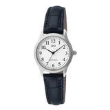Q&Q C03A-007PY Dames Horloge Leren Band Zwart/Zilverkleurig Rond Staal