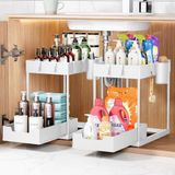 KOOSREEL Opslag onder de gootsteen, 2 etages, organizer onder de gootsteen, uittrekbare lade, keukenrek, kruidenrek, multifunctionele opbergmand voor badkamer, wit, 2 stuks