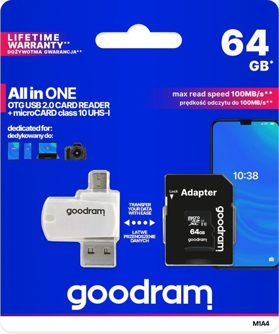 Goodram M1A4 All in One - 64GB MicroSDXC - Class 10 - UHS-I - 100 MB/s - Includes Adapter & Card Reader