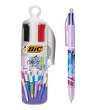 BIC 4 kleuren, intrekbare balpen, middelgrote punten, verzamelaar (1,0 mm), ronde behuizing, pennenhouder met 6 stuks, verschillende inkten