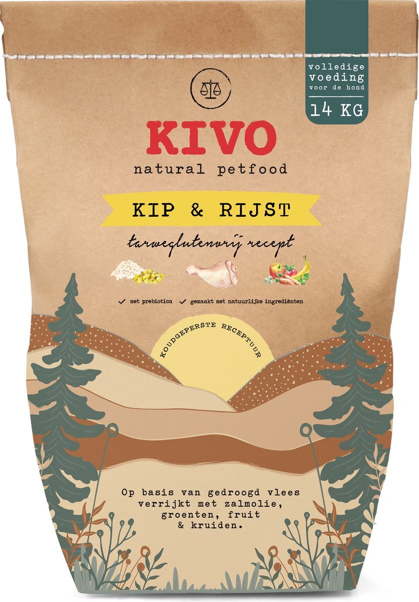 Kivo Petfood Koudgeperst hondenvoer - Kip & Rijst Adult - één dierlijke eiwitbron: Kip - 15 kg