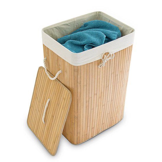 Relaxdays Opvouwbare wasmand - Bamboe hout - Waszak katoen - 65 cm