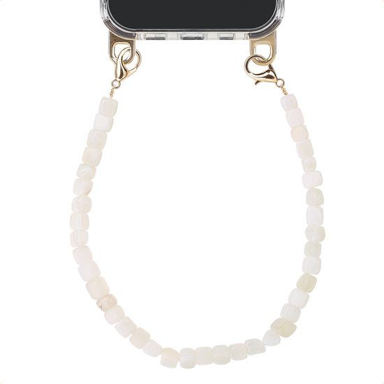 Selencia Universeel Telefoonkoord - Polskoord met Natuurstenen - Telefoon Ketting - GSM Koord - Pearl White