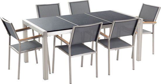 Beliani Tuinset gepolijst graniet/RVS zwart driedelig tafelblad 180 x 90 cm met 6 stoelen grijs GROSSETO