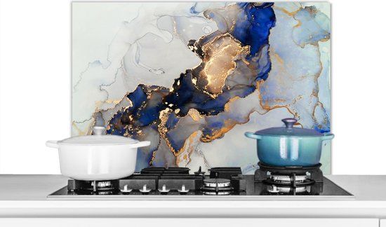 KitchenYeah Spatscherm - Spatwand - Blauw - Goud - Marmer print - Achterwand keuken - 80x55 cm