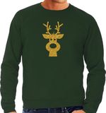 Bellatio Decorations Rendier hoofd Kerst trui - groen - met gouden glitter bedrukking - heren - Kerst sweaters / Kerst kleding S