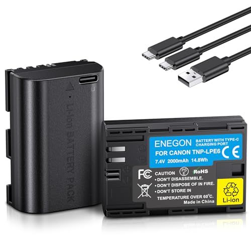 ENEGON LP-E6 / LP-E6N USB-C direct oplaadbare reserveaccu 2000 mAh (dubbelpak) voor Canon LP-E6 Akuu, compatibel met Canon Eos 5D / 5D Mark III/5D Mark IV, Canon Eos 6D/6d Mark II, Canon Eos