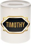Bellatio Decorations Shoppartners Bv Spaarpot met voornaam Timothy - wit - met goud/zwart embleem - 8 x 9 cm - keramiek - met afsluitdop - cadeau verjaardag